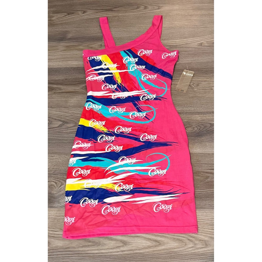 Coogi Womens Pink Abstract Logo Print Asymmetrical Bodycon Mini Dress Size XS